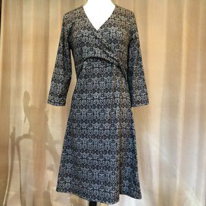 Prana lovely cross-over gray and black flared dress, size L